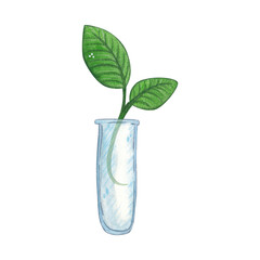 Young plant in a test tube, laboratory, experiment. Watercolor illustration hand drawn, cartoon. Drawing for stickers, posters, postcard blanks, scrapbooking, journaling. Science, research, botany