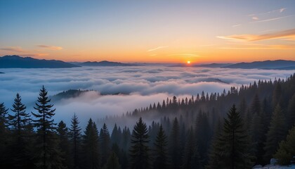 Obraz premium Majestic Sunrise over a Sea of Clouds Scenic Mountain Landscape with Silhouetted Pine Trees at Dawn