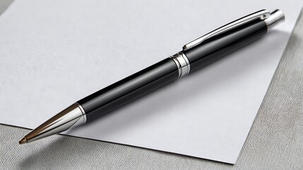 A close up shot showing a black and silver pen resting on a white piece of paper on a gray surface