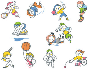 様々なスポーツに励む小学生たち　セットのストックイラスト素材
