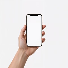 A hand holding a modern smartphone with a blank screen