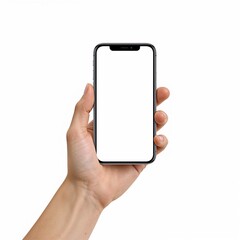 Hand holding a smartphone with blank screen. The phone is modern and sleek, and the hand is positioned to showcase the device.