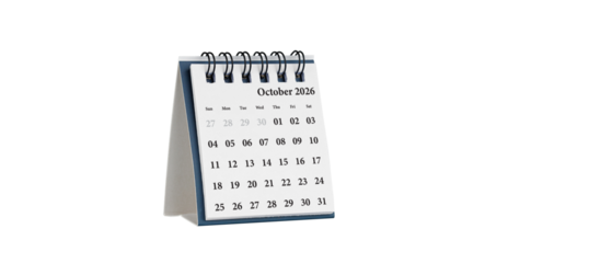 Desktop calendar for October 2026 in white colour. Mini planner for business and finance, spiral view on isolated white background close up.