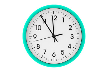 Blue watch, wall clock 11 hours 45 minutes on isolated or white background close up