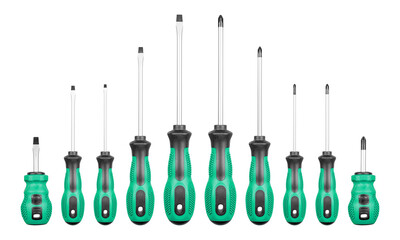 Set of Philips and flathead screwdrivers Green color on isolated white background close-up