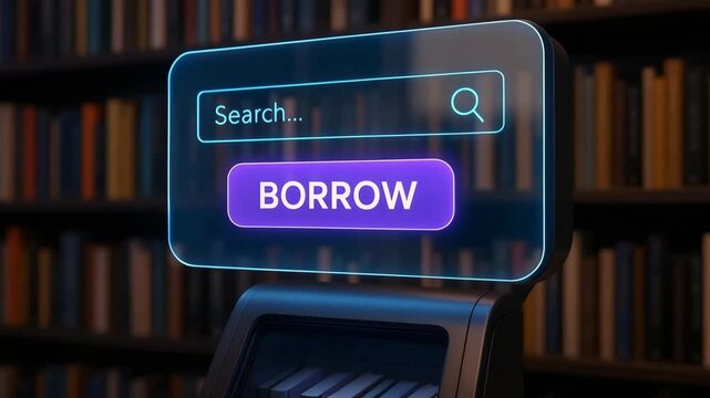 A holographic search bar with borrow button floats above laptop keyboard in dark library. Concept of futuristic digital lending.