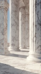 A row of marble columns with intricate detailing and a bright sky visible in the background of the image