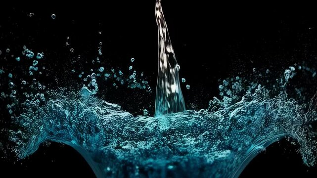 Water pouring creates a vibrant turquoise crown splash on a glossy surface against a dark, contrasting background with droplets.