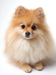 Obraz premium White Pomeranian dog with fluffy pom-pom fur standing guard on a plain white background