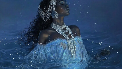 Mystical queen emerging from the waters with jewels and crown, in an ethereal blue glow. Perfect for themes of fantasy, spirituality and supernatural beauty.