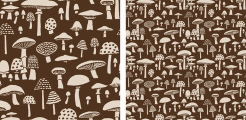 Hand-Drawn Mushroom Pattern Cute Brown Fungi Vector Background