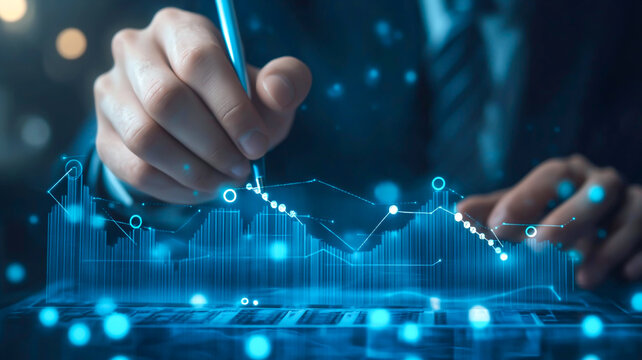 Businessman draw growth graph and progress of business and analyzing financial and investment data ,business planning and strategy on blue background