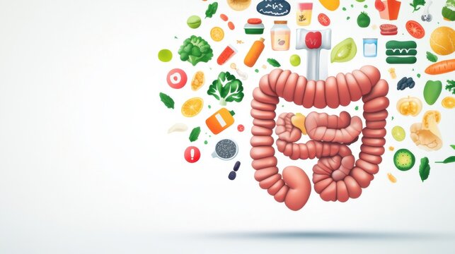 A detailed illustration of the human digestive system with colorful, annotated diagrams, set against a clean