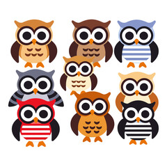 Fototapeta premium Colorful Cartoon Owls Illustration-Cute Owl Clipart Set-Kids Room Decor-Nursery Wall Art-Owl Lover Gift-Digital Download-Seven Unique Owls Image