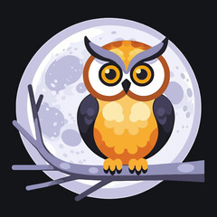 Naklejka premium Cute Cartoon Owl Illustration - Owl Perched on Branch with Full Moon Background - Nighttime Wildlife Art for Kids and Adults alike