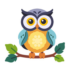 Cute Cartoon Owl Illustration-Colorful Owl on a Branch with Green Leaves-Adorable Owl Graphic for Kids-Whimsical Owl Clipart-Owl Vector Image Download