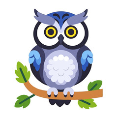 Fototapeta premium Cute Cartoon Owl Illustration-Perched on a Branch with Green Leaves-Whimsical Owl Art for Kids-Nature Inspired Design-Animal Vector Graphic-Playful Owl Artwork
