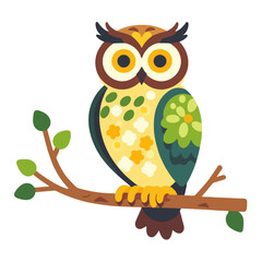 Fototapeta premium Cute Cartoon Owl Illustration-Colorful Owl Sitting on Branch with Leaves-Fun Graphic for Kids-Animal Art Design-Nature Inspired Clipart Image-Owl Vector Art_