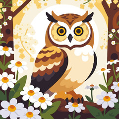 Obraz premium Cute Cartoon Owl Illustration-Owl in a Daisy Field-Whimsical Nature Art-Children's Room Decor-Owl Lover Gift-Brighten Your Day with this Cheerful Owl Image