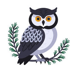 Obraz premium Cute Cartoon Owl Illustration-Wise Bird with Yellow Eyes Sitting on a Branch-Adorable Owl Graphic for Kids-Owl Clipart for Designs-Wildlife Art for Decor
