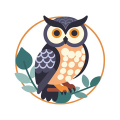 Obraz premium Cute Cartoon Owl Vector Art Illustration for Kids Room Decor-Modern Bird Design with Foliage-Whimsical Wall Art Print-Stylish Owl Graphic Illustration