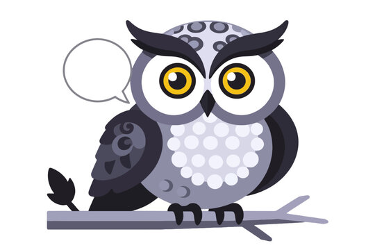 Cute Cartoon Owl Vector Graphic-Gray and White Owl with Big Eyes-Owl Illustration with OVL Bubble-Adorable Owl Clipart for Design Projects