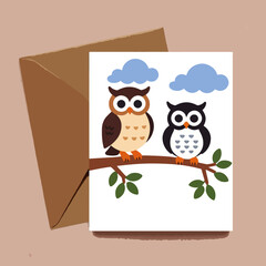 Naklejka premium Cute Owl Greeting Card-Two Owls on a Branch-Adorable Stationery for Owl Lovers-Perfect Gift for Bird Enthusiasts-Sweet Note Card with Kraft Envelope