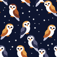 Cute Owl Pattern on Dark Blue Background - Adorable Owls and Stars Design - Night Sky Themed Illustration for Prints- Fabrics and Wallpapers