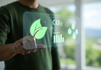 Man interacting with virtual screen showing CO2 reduction target