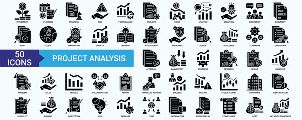 Project Analysis icon collection set with investment, planning, strategy, risk, performance, project, crisis, analysis, solution, discussion