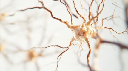 A detailed illustration of the human nervous system with highlighted neurons and synapses, set against a plain, light background