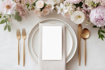 Stylish table arrangement with blank menu mockup, blush and white flowers and gold cutlery