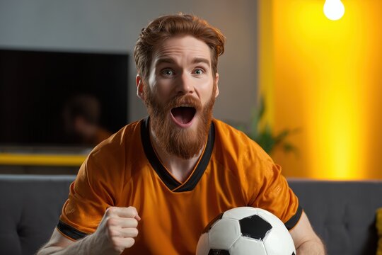 Excited Netherlands soccer fan cheering goal at home, wearing orange football jersey