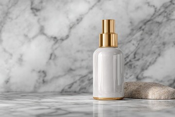 Fototapeta premium Elegant cosmetic bottle with gold details on a marble surface.