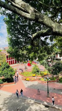 Elevated view of Jerico main square with colonial architecture, Antioquia, Colombia