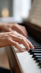 Obraz premium Close-up of hands playing piano with sheet music in background