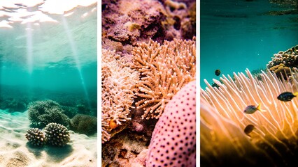 Underwater scene showcasing vibrant coral reefs, sunlight filtering through water, diverse marine life swimming among colorful corals, illustrating the beauty of ocean ecosystems and biodiversity