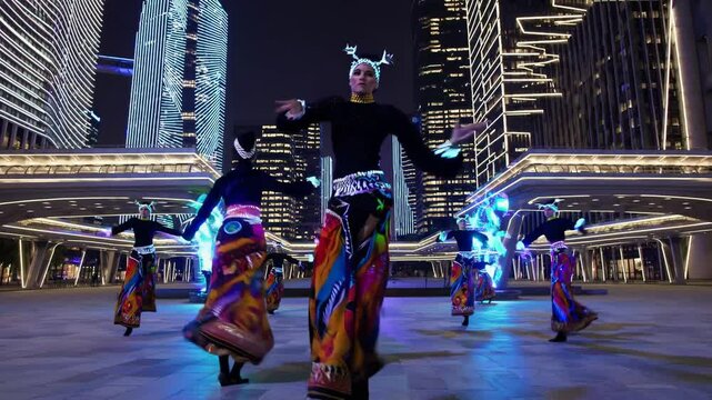 Futuristic ritual dance in illuminated city - Powered by Adobe