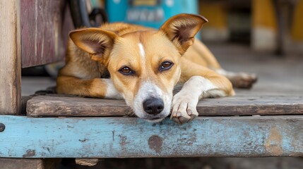 Tan and white dog lying on a weathered wooden platform with a rustic background, appearing relaxed and attentive.