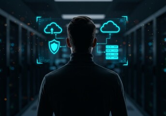 Man in server room with cloud computing and data security concept
