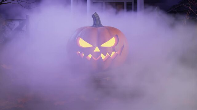 Smoke swirls dramatically around an evil Halloween pumpkin with glowing yellow eyes and a menacing carved smile. The purple smoke ebbs and flows, sometimes partially obscuring the pumpkin. The pumpkin