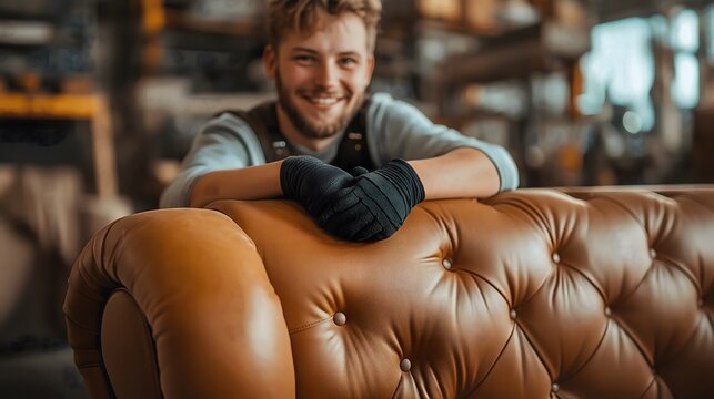 Furniture upholsterer resting on finished chesterfield sofa in workshop