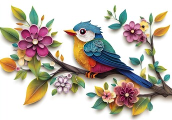 Fototapeta premium A colorful bird perched on an intricate branch, surrounded by vibrant leaves and flowers