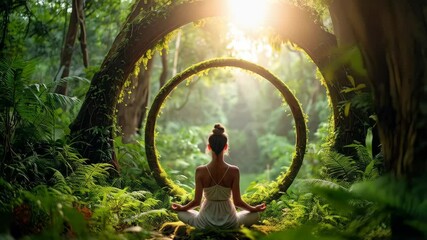 Woman in lotus position meditating under a moss covered circular frame surrounded by lush green forest during a sunlit morning - Powered by Adobe