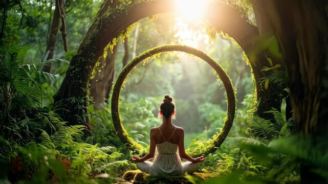 Woman in lotus position meditating under a moss covered circular frame surrounded by lush green forest during a sunlit morning