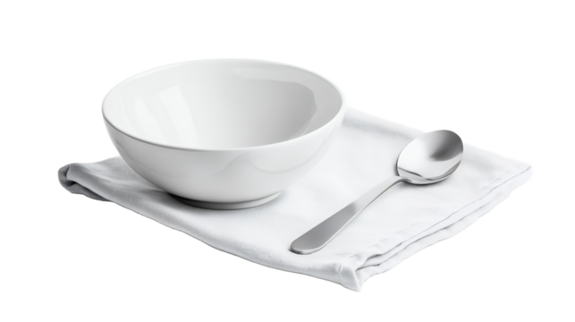 White ceramic bowl with spoon on napkin for dining presentation