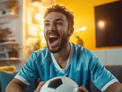 Argentina football fan screaming during final in the living room wearing sky blue jersey