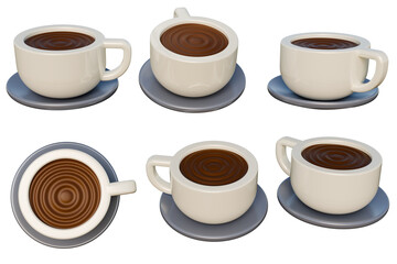 Six coffee cups filled with coffee on saucers. Perfect for coffee shop promotions or menu designs that require a cozy feel. 3D Rendering.
