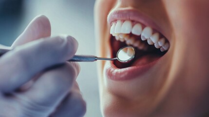 A detailed image of a dentist performing a routine check-up with focus on the dental tools and patient’s teeth, set against a clean, modern dental clinic background