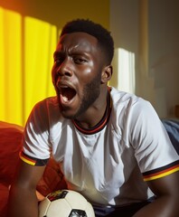 Intense football fan in white Germany jersey supporting the national team